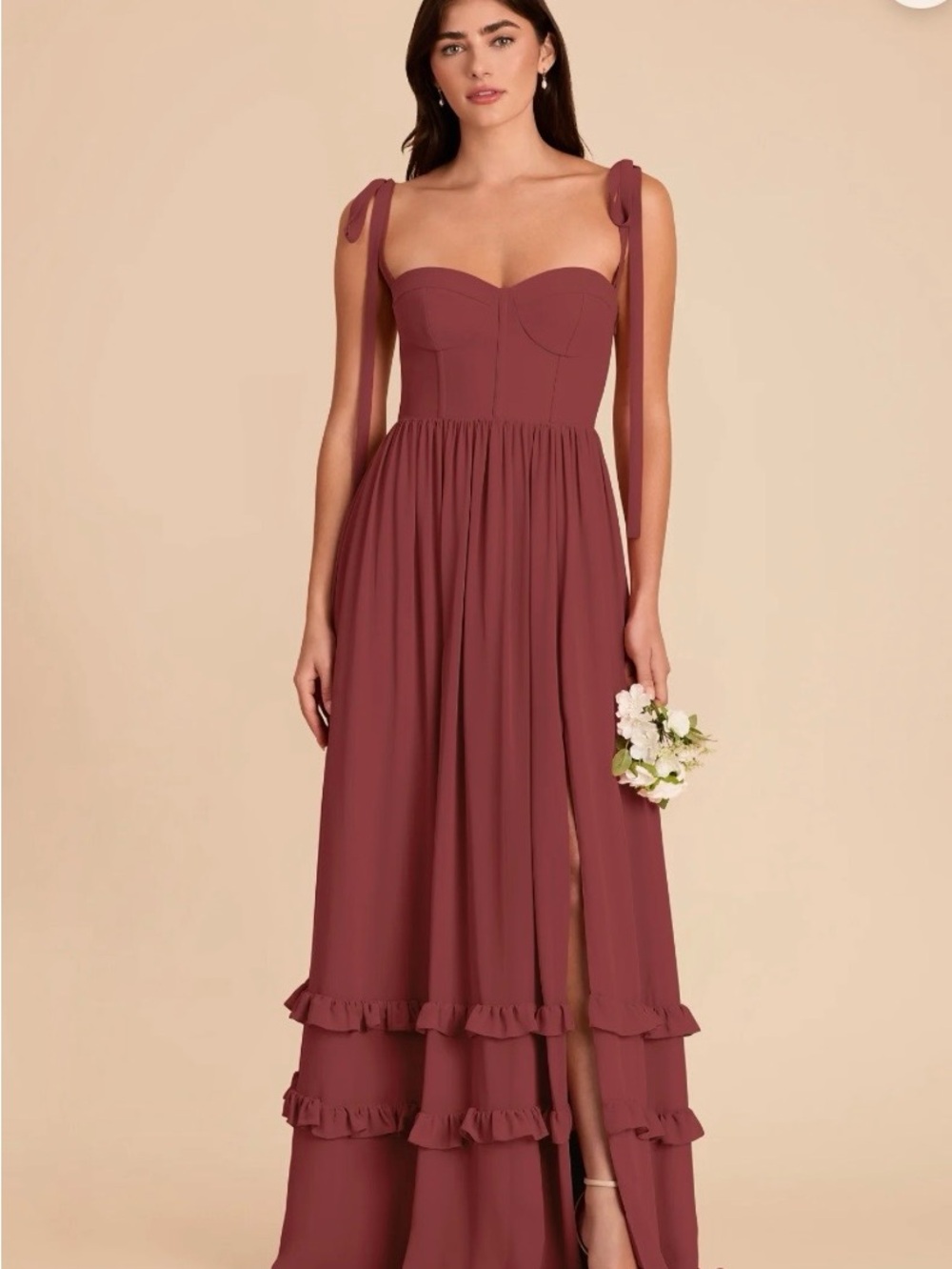 Birdy Grey Mauve Tie-Shoulder Ruffle Maxi Bridesmaid Dress